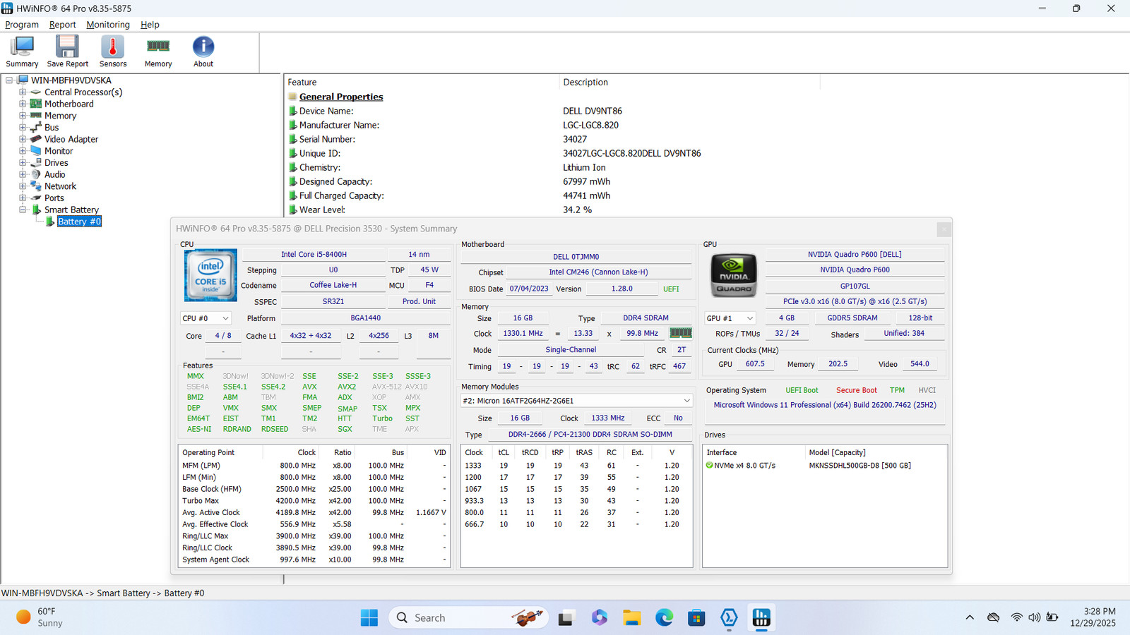 Dell Precision 3530 15″ FHD I5-8400H 1TB SSD 16GB W11P Quadro P600 Webcam