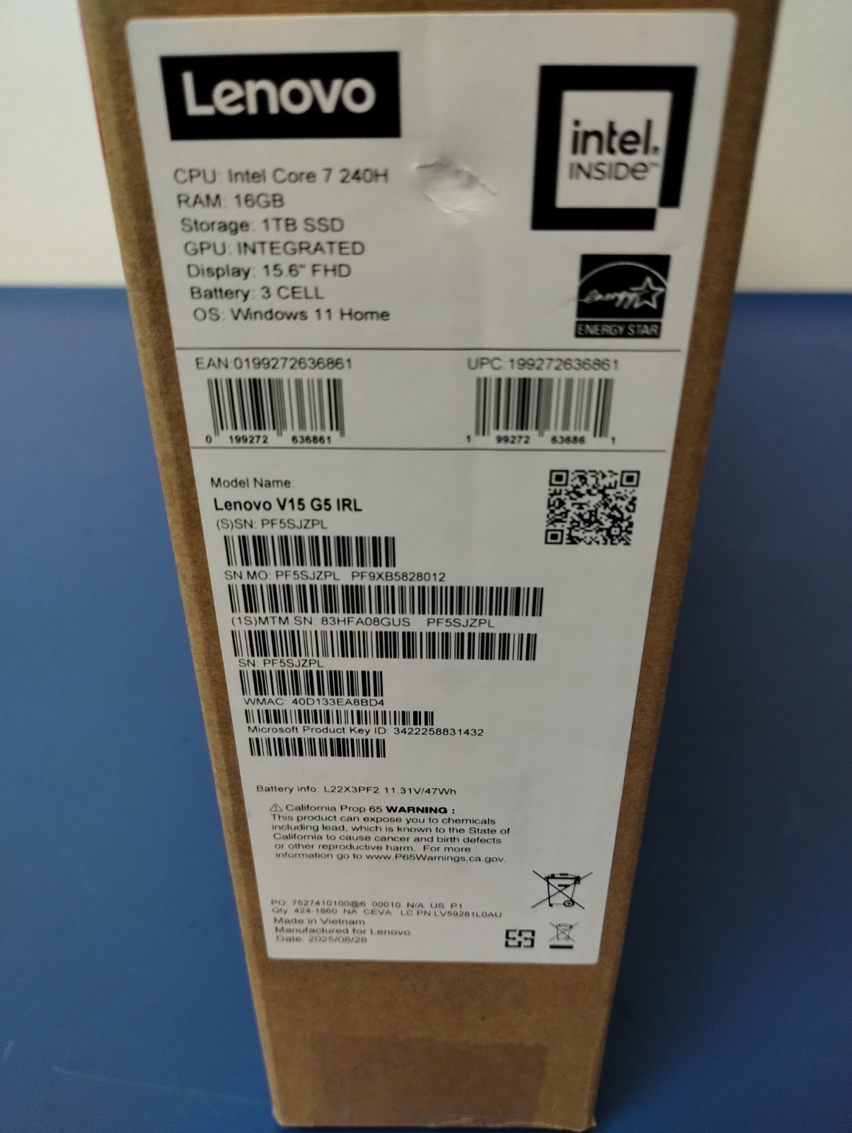 Lenovo V15 G5 IRL, Intel Core 7 240H, 2.50 GHz, 16 GB RAM, 1 TB NVMe SSD