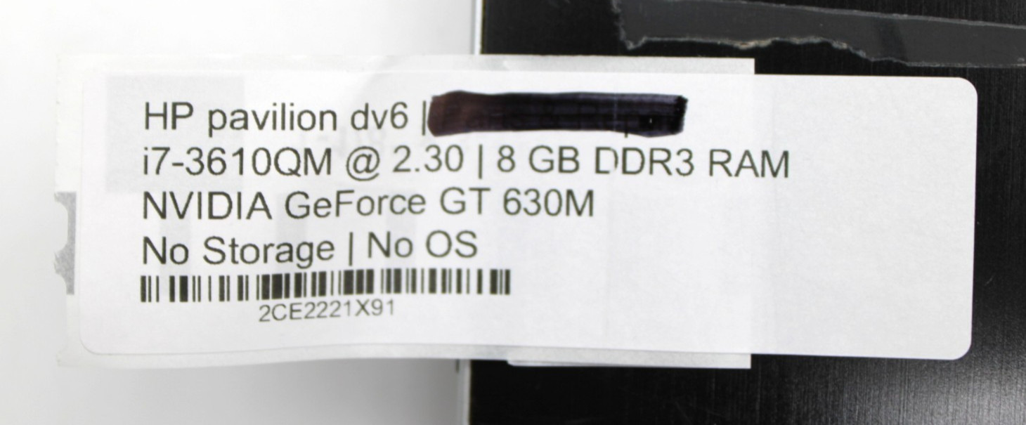 HP Pavilion Dv6 i7-3610QM@2.30GHz 8GB DDR3 NO STORAGE OR OS *USED/TESTED*
