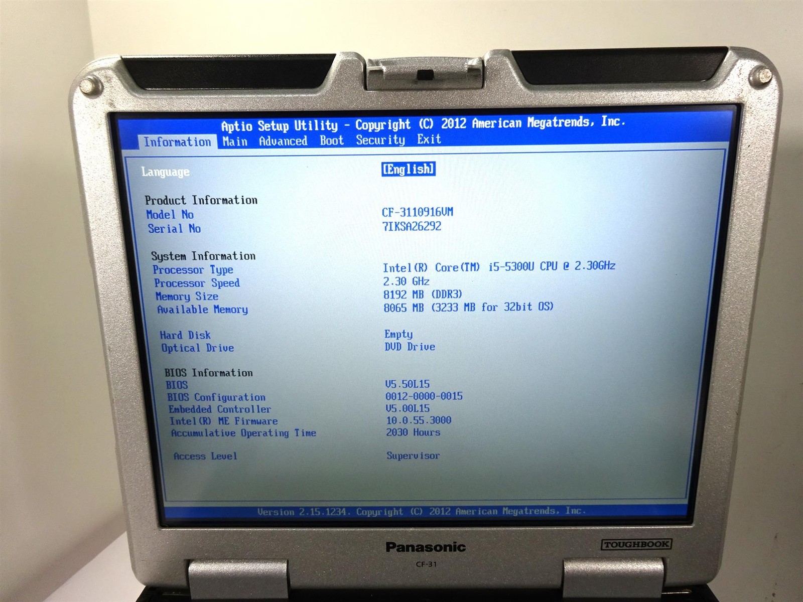 Lot 6 – MK5 Panasonic CF-31 Core i5-5300U 2.3GHz 8GB RAM – No Hard Drive