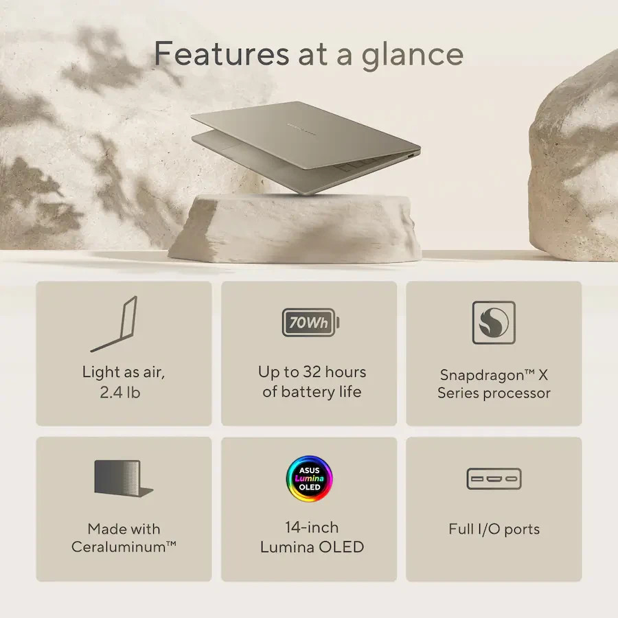 ASUS Zenbook A14 14″ OLED Laptop Snapdragon X Plus 16GB 512GB Copilot+ PC Beige