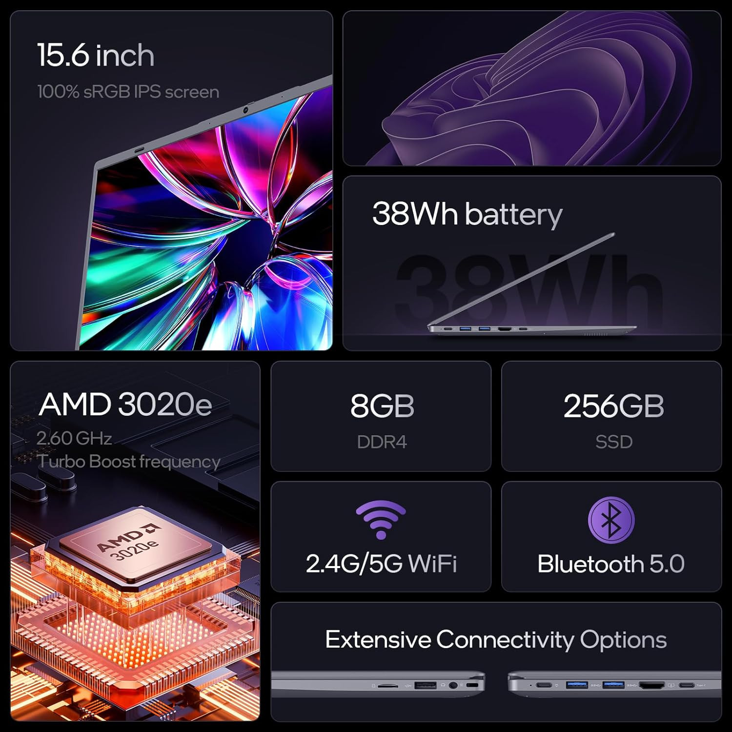 15.6 Ips-Fhd-Laptop, 8GB RAM 256GB SSD AMD 3020E (Up to 2.6Ghz), Full Function T