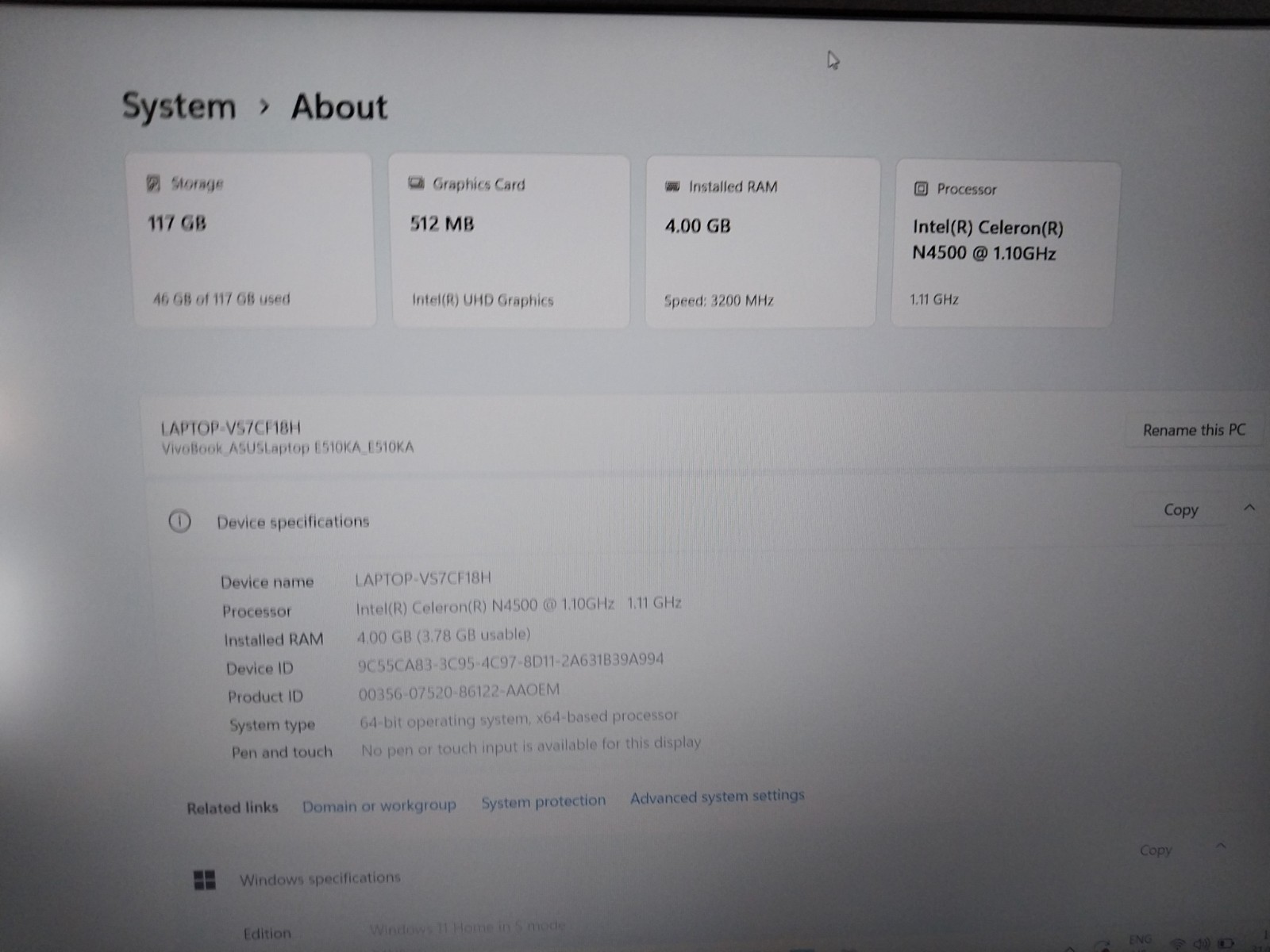 ASUS VIVOBOOK GO 15 E510K WINDOWS 11 HOME IN S MODE 128GB SSD 4GB RAM / 15.6″