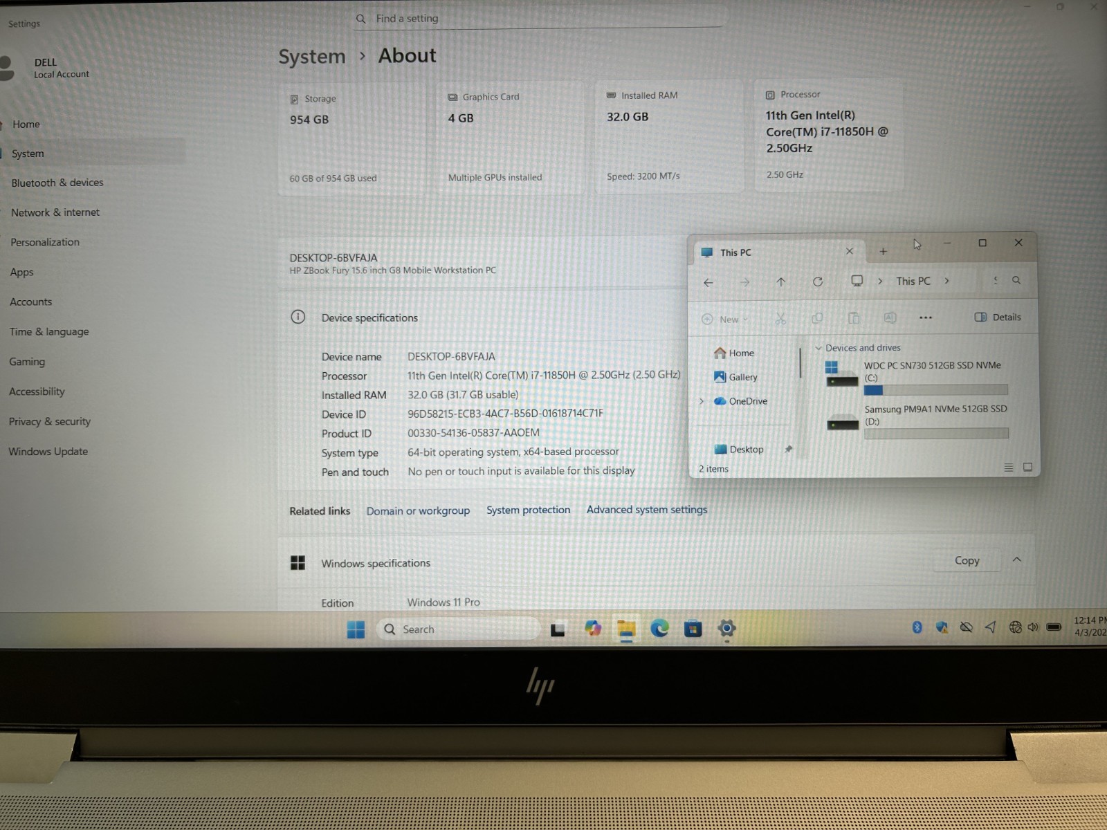 HP ZBook Fury 15 G8 15.6″ i7-11850H @ 2.50GHz 1 TB NVMe SSD 32GB RAM Win 11