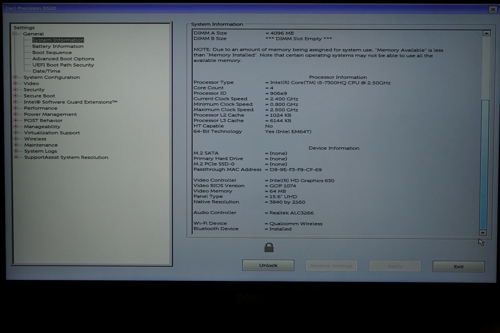 ^ Dell Precision 5520 i5-7300HQ @ 2.5GHz 4GB Ram No HD BIOS Locked #C1415