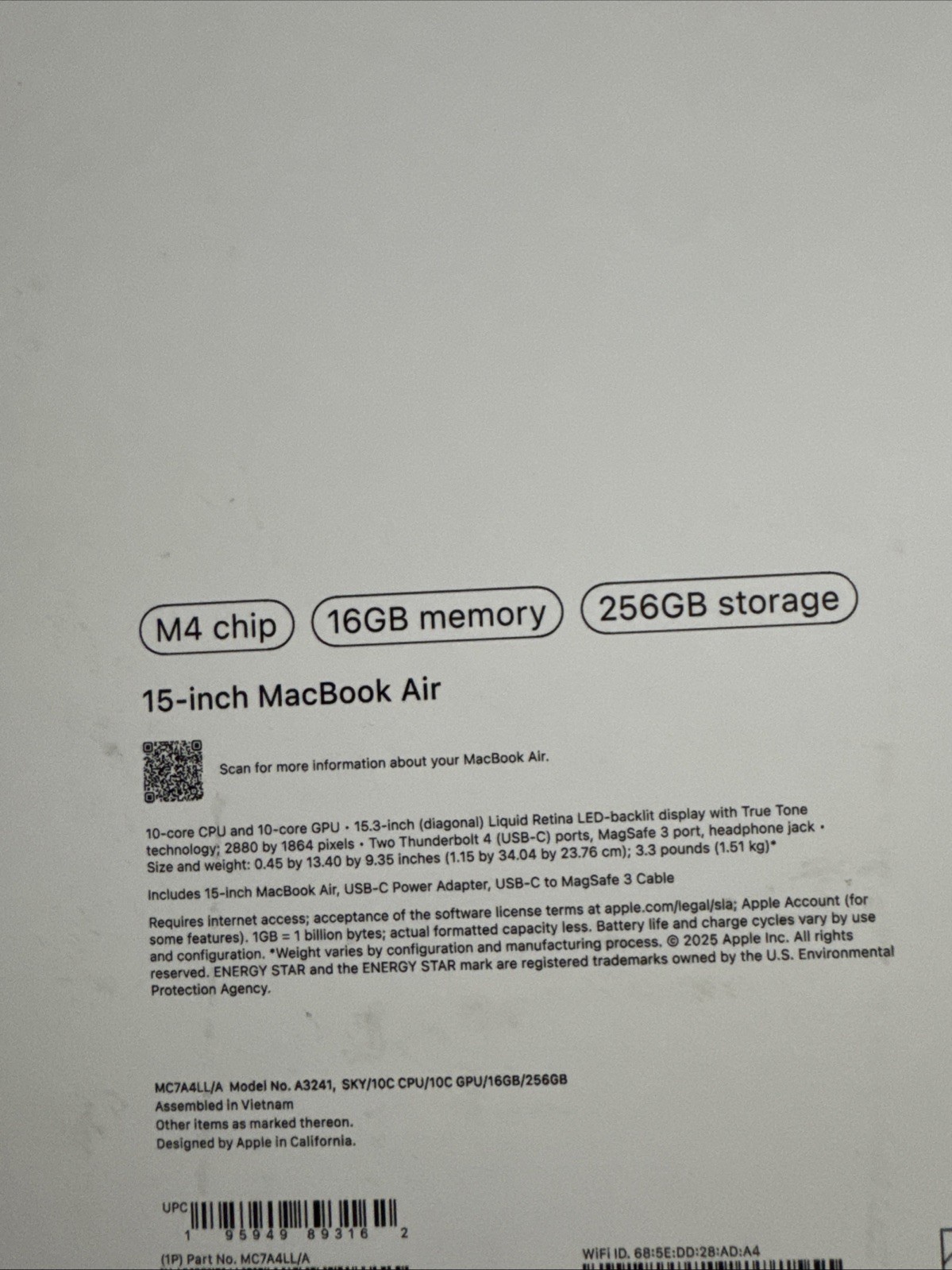 Apple MacBook Air 15″ M4 10-Core 16GB RAM 256GB SSD 2025 SKY BLUE NEW MW1H3LL/A