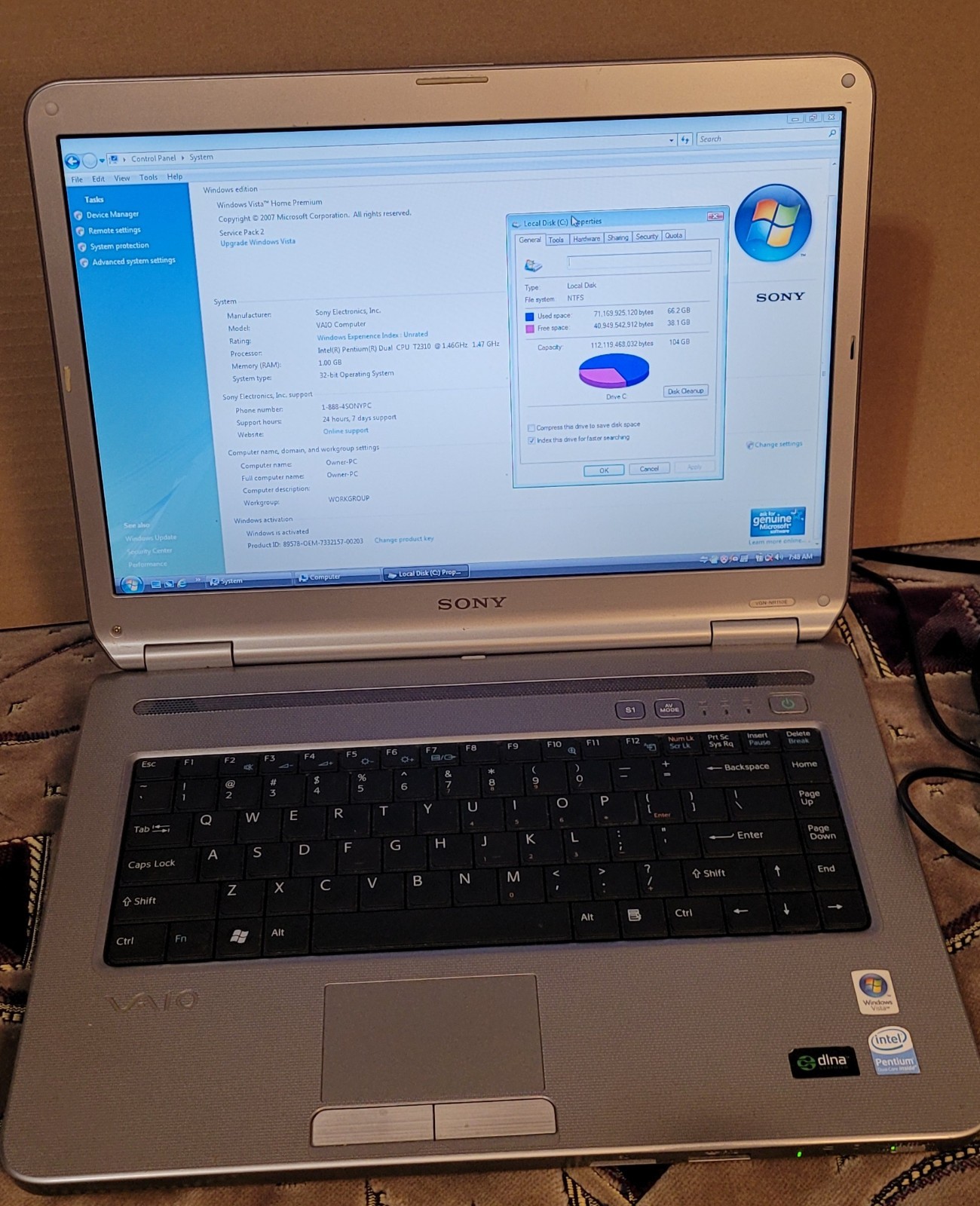 Sony Vaio PCG-7Z2L with Power Cord 104 GB HHD, 1 GB RAM, 1.46Ghz, Windows Vista