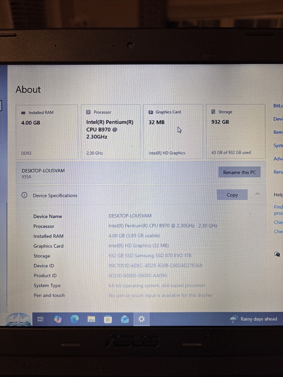 Asus X55A-Intel Pentium B970 CPU. 2.3Ghz, 4gb Ram. 1TB SSD Windows 10 Pro