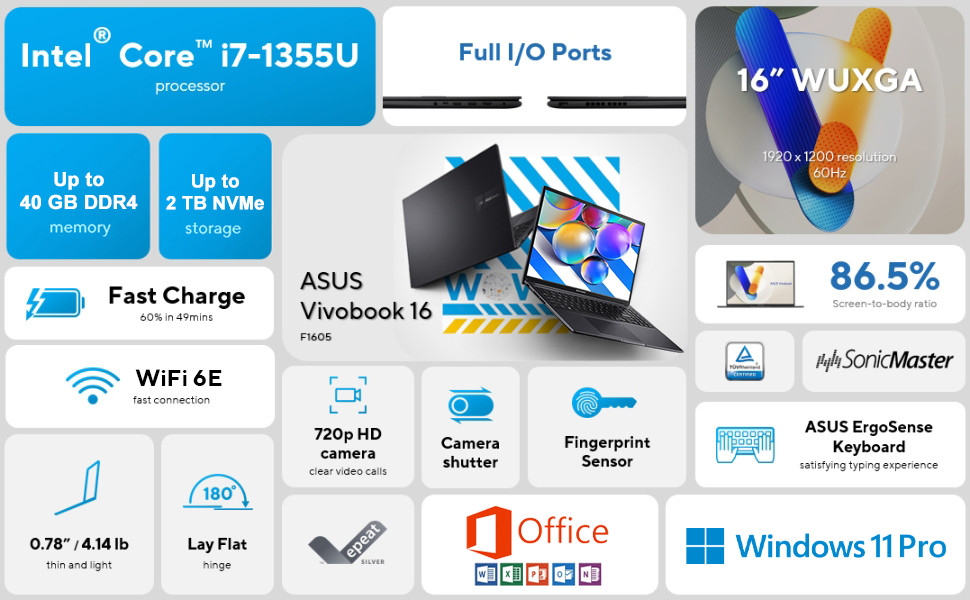 2026 ASUS Laptop Vivobook 16″ 13 Gen Intel i7 Up to 40GB RAM 2TB SSD Win 11 Pro