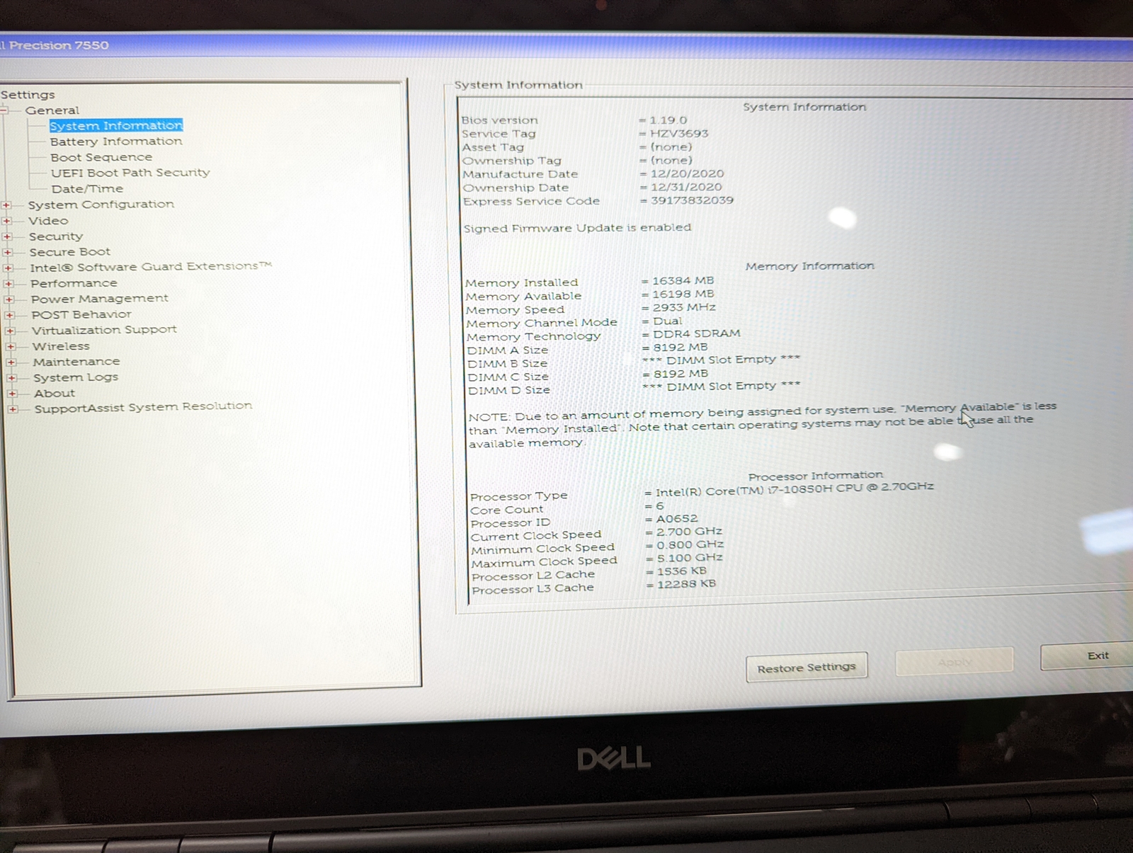 DELL PRECISION 7550 I7-10850H 2.7GHz 16GB RAM 256GB SSD GRADE D