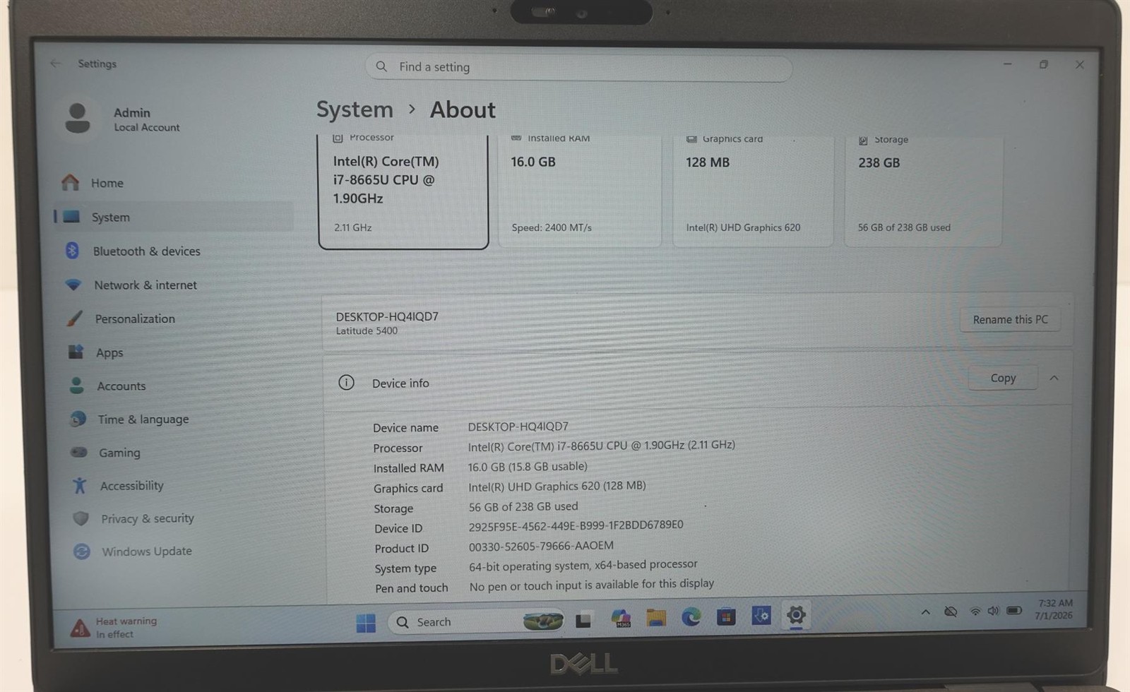 Dell Latitude 5400 14″ Core I7-8665U 1.90GHz 16GB 256GB SSD Laptop