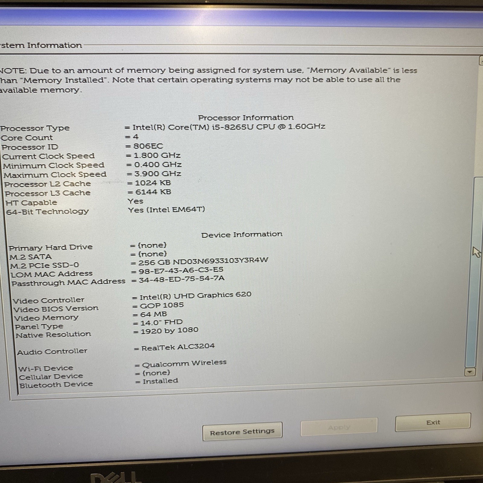 Dell Latitude 5400 Core i5-8265U 1.60GHz 16GB RAM 256GB NVMe SSD Windows 11 Pro
