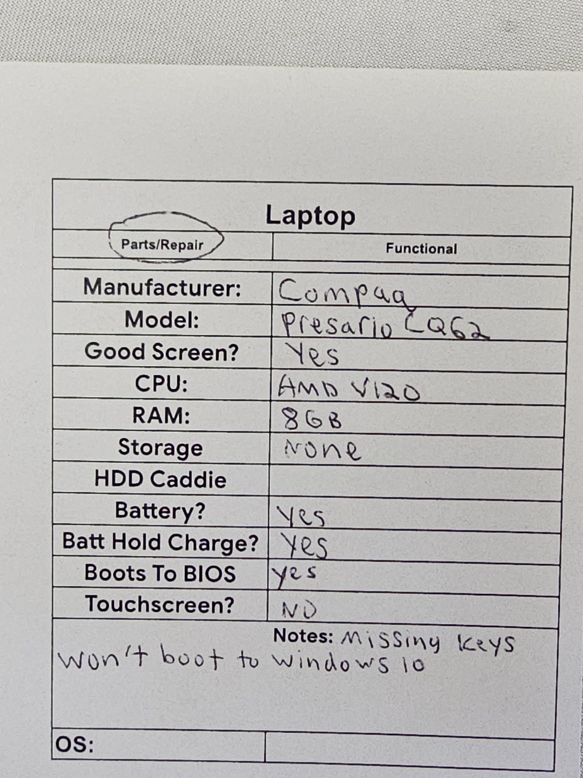 Compaq Presario CQ62 Laptop – AMD V120 – 8GB RAM – NO HDD/OS – Parts – READ