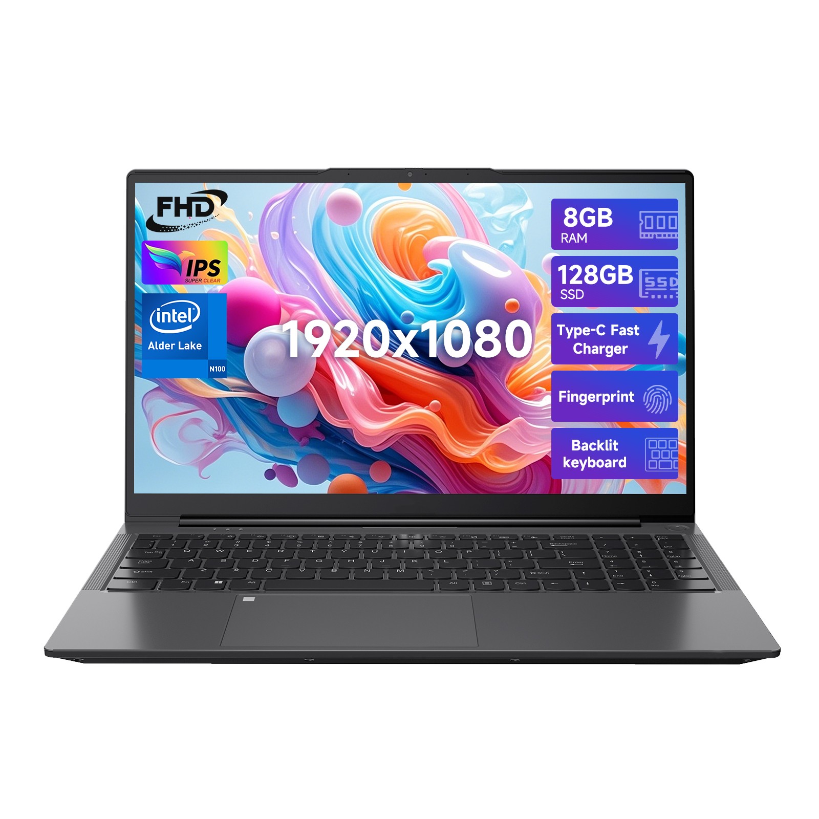 NIMO 15.6” Student Laptop 8GB RAM 128GB SSD Intel Pentium Quad-Core Backlit KB