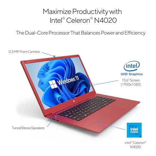 15.6″ Full HD Intel 4GB RAM 64GB SSD Laptop with Windows 11 – Red