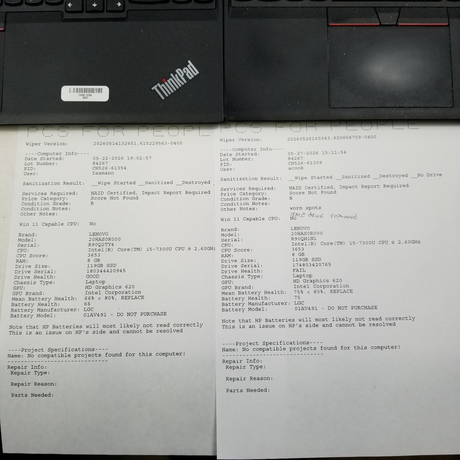 Lot of 4 Lenovo ThinkPad T570 Intel Core i5-7300U 2.6Ghz Mixed Specs *Read*