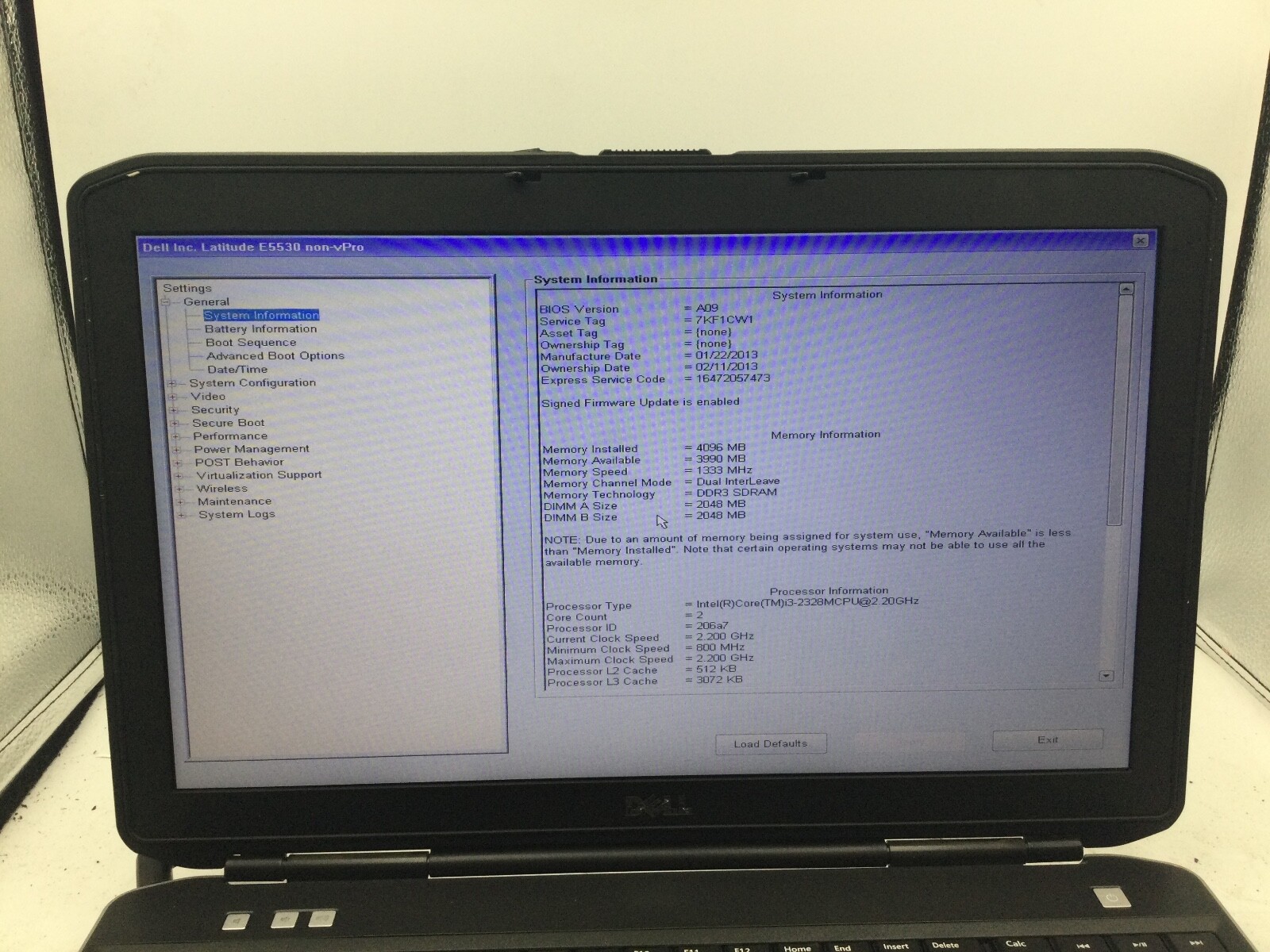 DELL LATITUDE E5530 – BOOTS TO BIOS – INTEL I5 3230 – NO RAM – READ DESCRIP -BB