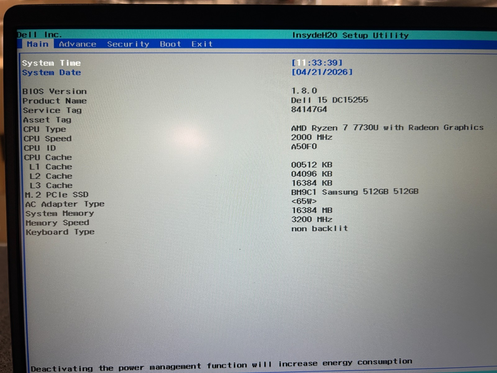 DELL 15 DC15255 G8MK9 AMD Ryzen 7 7730U, 2.00 GHz, 16 GB RAM, 512 GB NVMe SSD