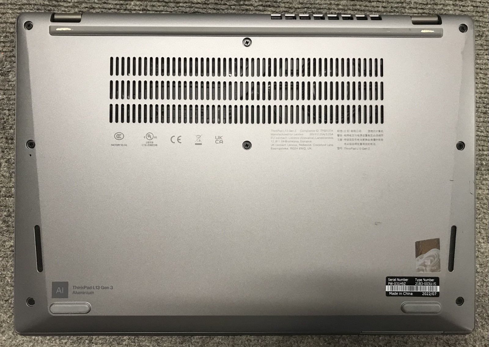 Lenovo ThinkPad L13 Gen 3 13.3″ Laptop i5-1235U 16GB RAM 256GB NVMe, As Is