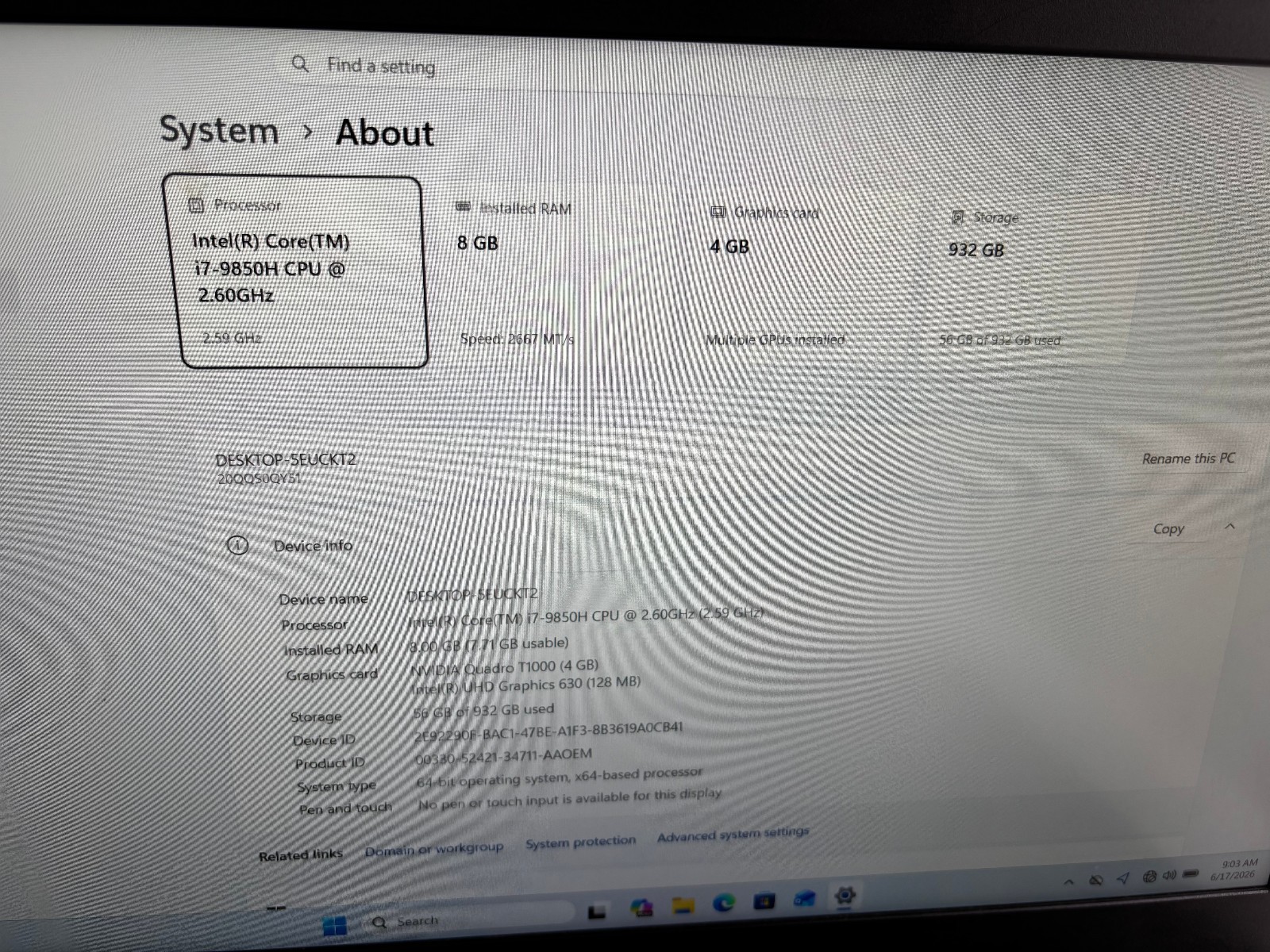 LENOVO THINKPAD P53 i7-9850H 2.60GHZ RAM 8GB SSD 1TB NVIDIA T1000 BLEUTOOTH
