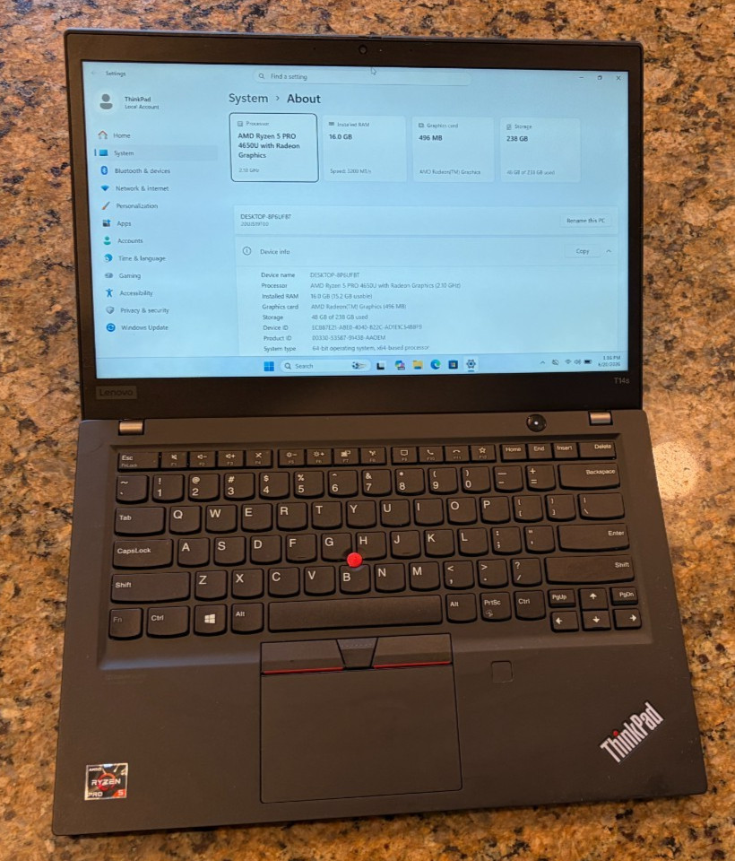 Lenovo ThinkPad T14s Gen 1 – AMD Ryzen 5 PRO 4650U, 16GB, 256GB NVMe, W11P