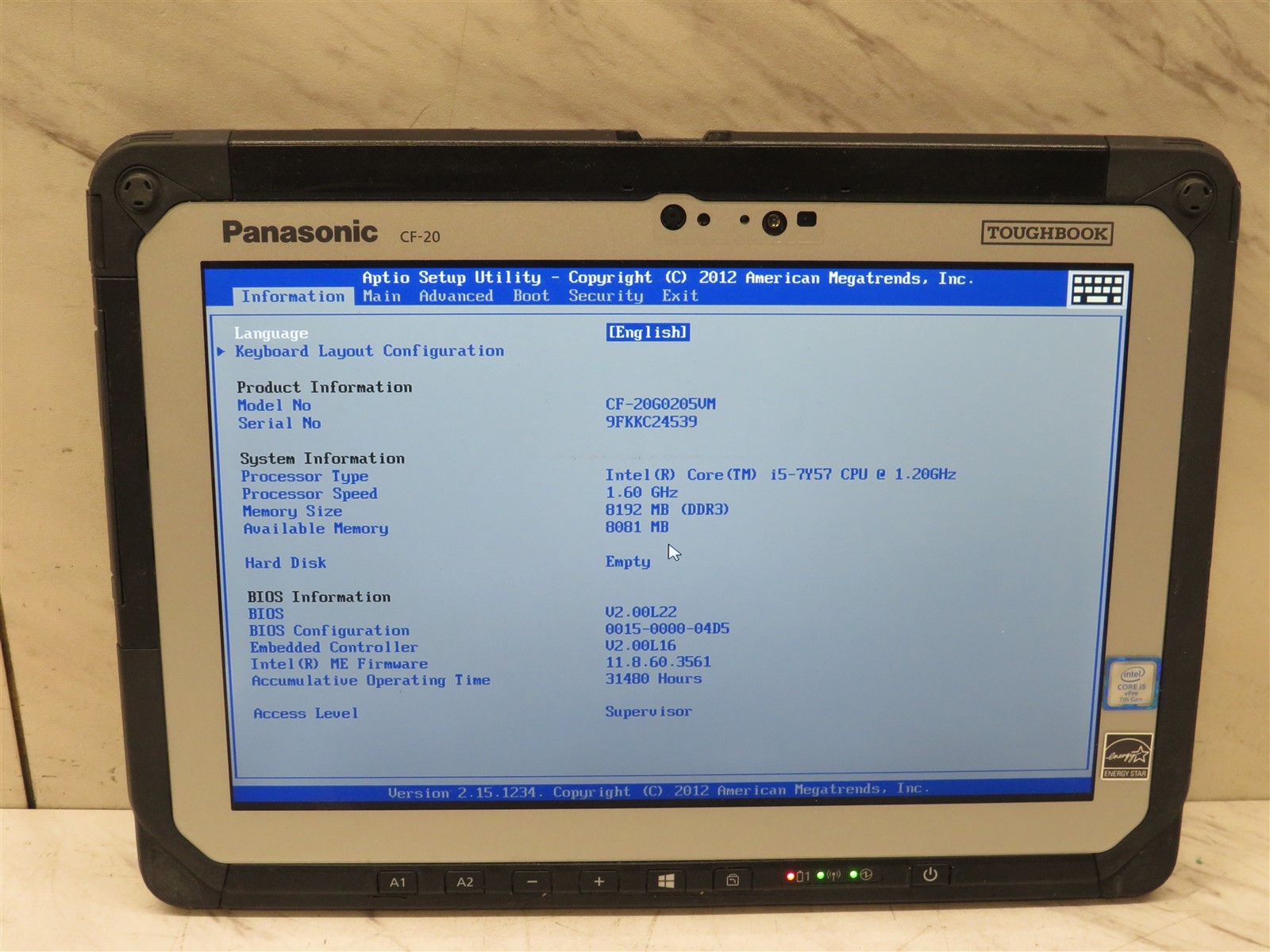 Panasonic Toughbook CF-20 Intel Core i5-7Y57@1.2GHz 8GB RAM
