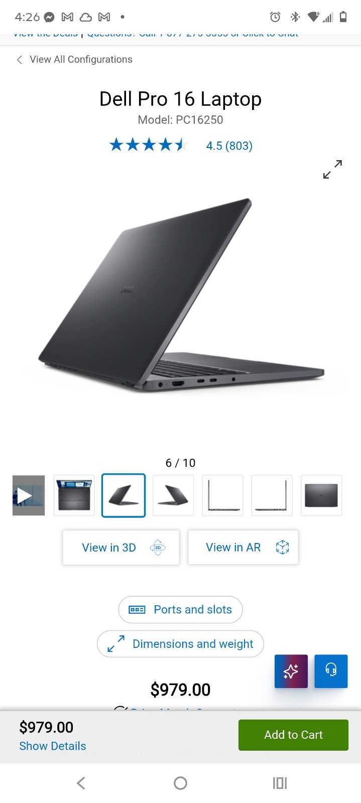 Dell Pro 16 Laptop PC16250 16in Gray HDMI USB-C Built-in Webcam