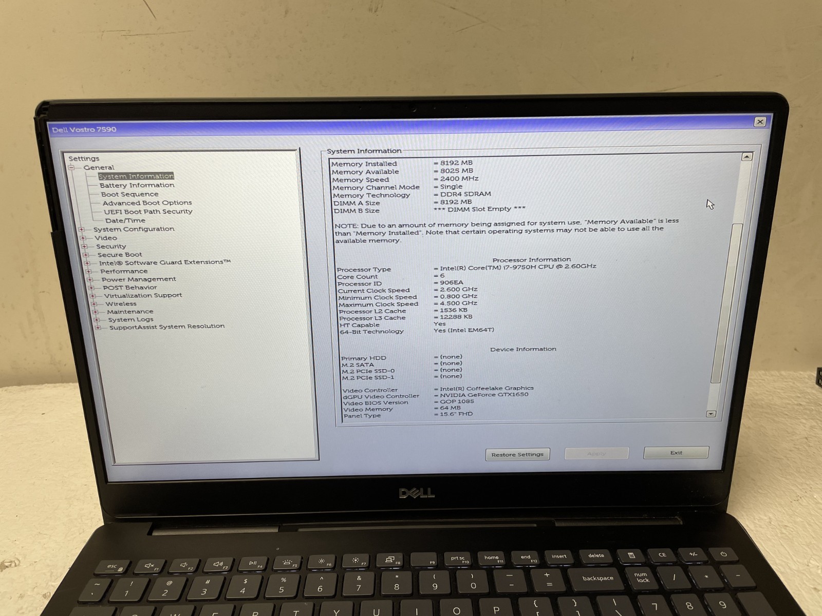 Dell Vostro 7590 Core Intel i7-9750H @2.60GHz 8GB RAM NO SSD For Parts *READ