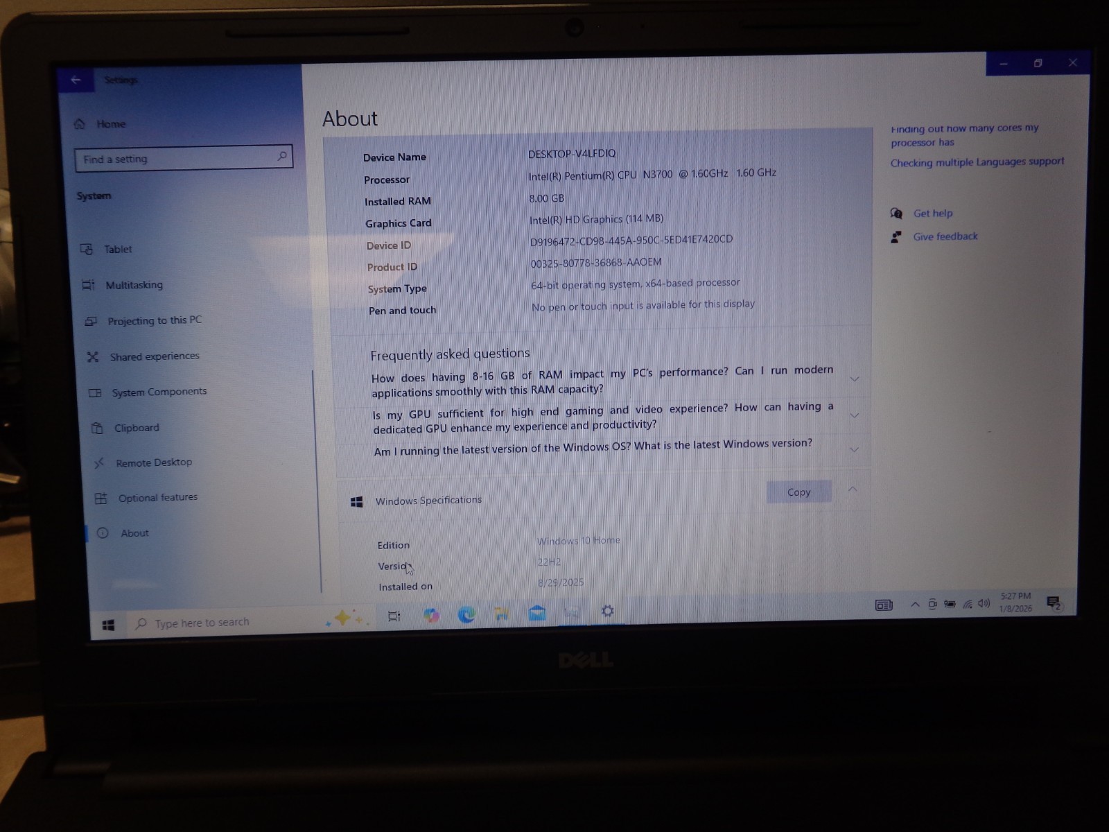 Dell Inspiron 15-3552 Intel Pentium N3700 1.60GHz 8GB 500GB Windows 10 CLEAN
