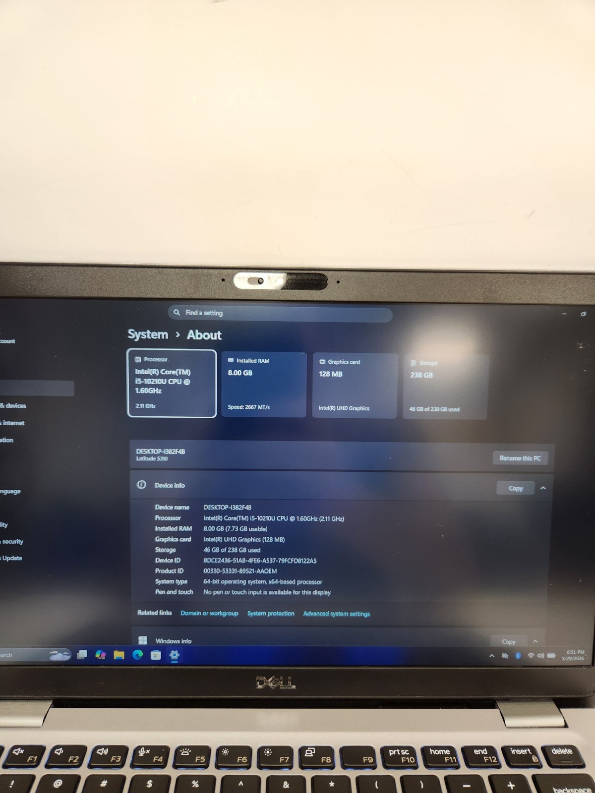 Dell Latitude 5310 Core i5-10210U, 8GB RAM, 256GB NVME, Win11 PRO *READ #0509