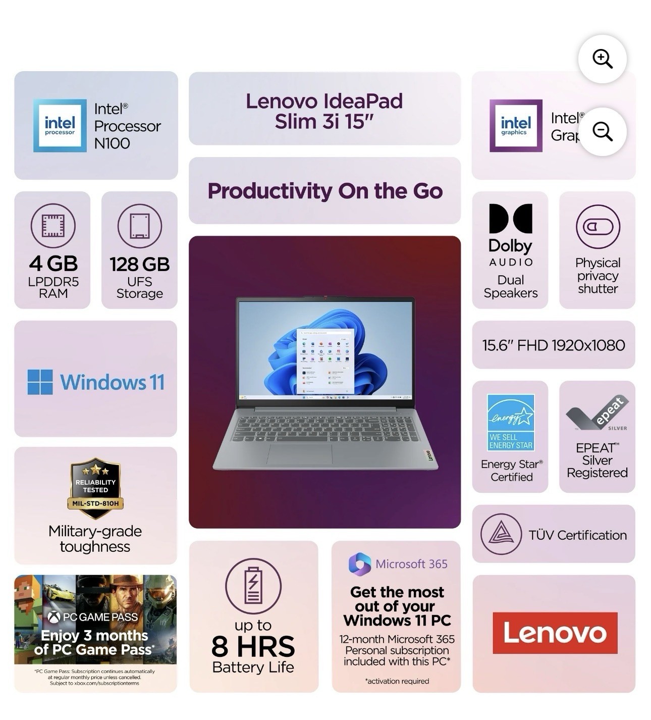 Lenovo IdeaPad Slim 3i 15.6″ FHD Laptop, Intel Processor N100, 4GB DDR5 RAM, 128