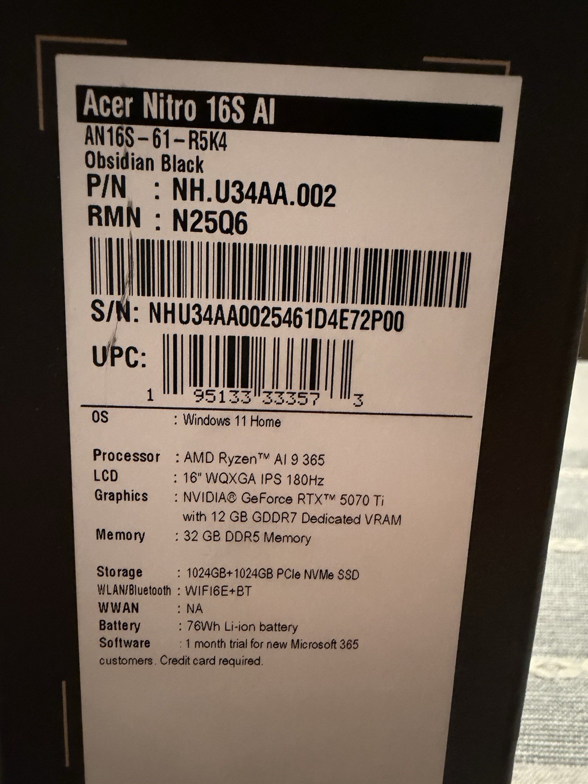 Acer Nitro 16S Ryzen AI 9 365 32GB 2TB SSD NVIDIA GeForce RTX 5070 Ti – NEW