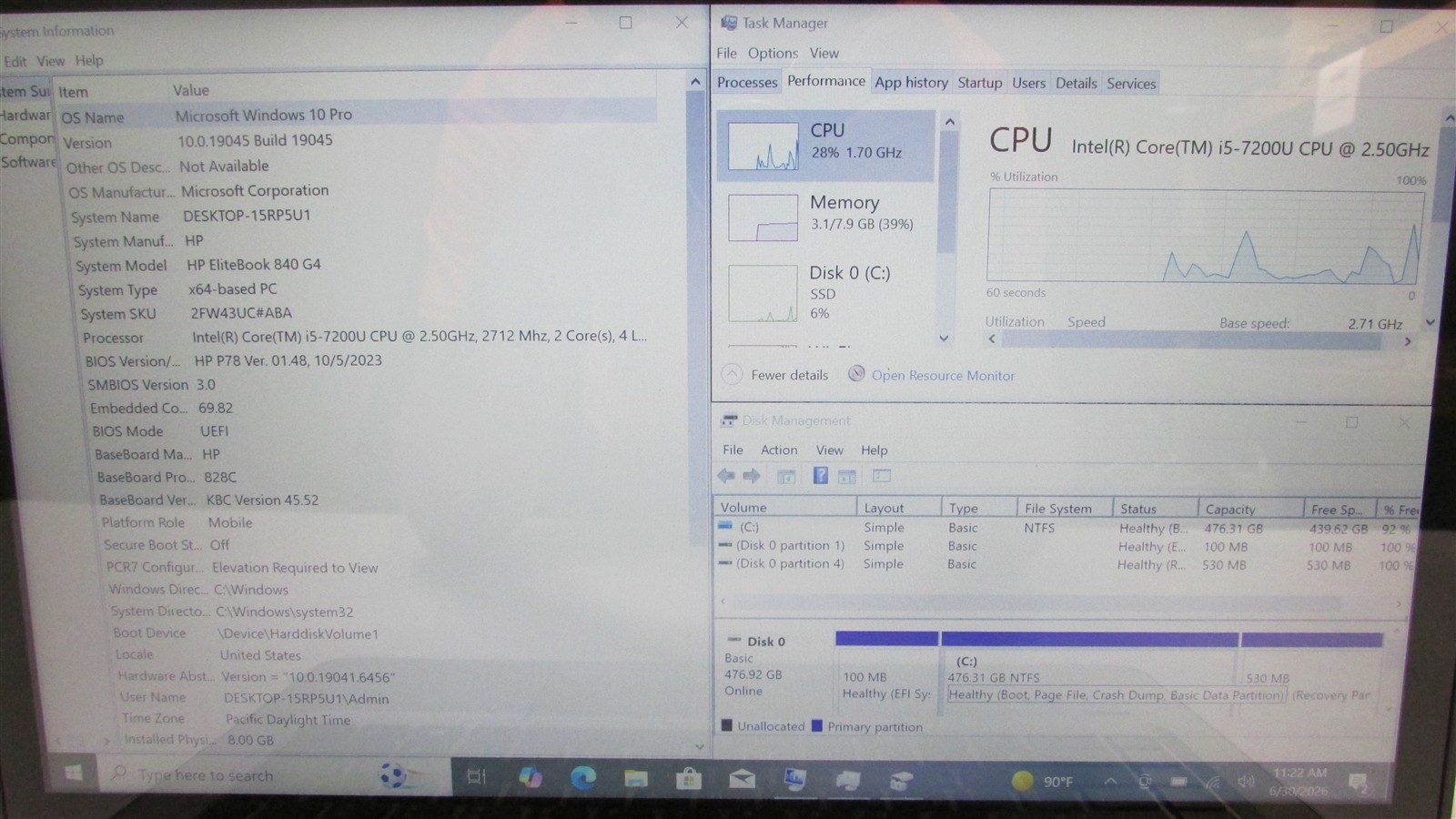 HP Elitebook 840 G4 i5-7200U 2.5GHz 8GB RAM 512GB m.2 14″ Win 10 Pro Touch DMG