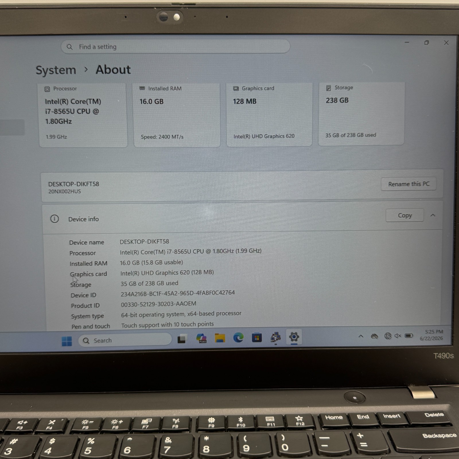 Lenovo ThinkPad T490s 14″ i7-8565U 16GB RAM 256GB SSD Win11 Pro See Pictures