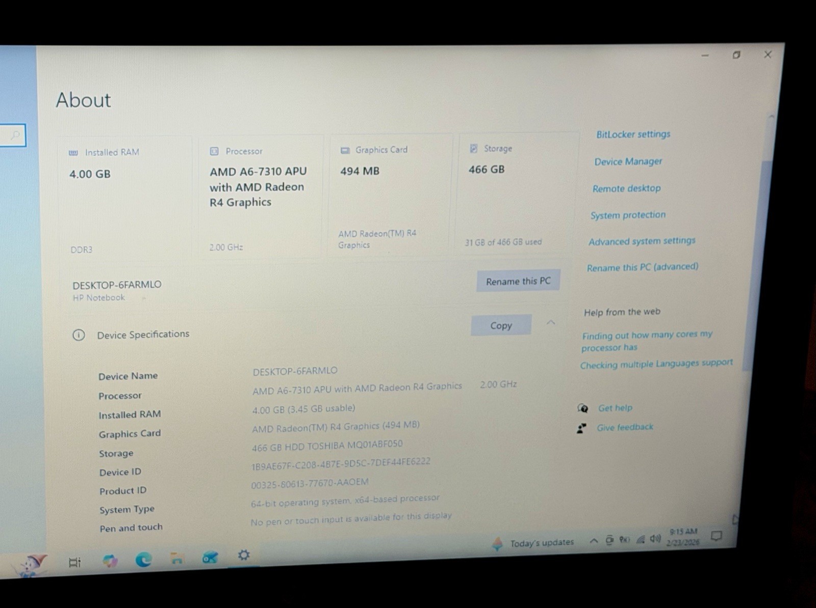 HP Notebook 15-ba009dx Laptop, AMD A6-7310 2GHz, 4GB RAM, 500GB HDD, Win10 Home