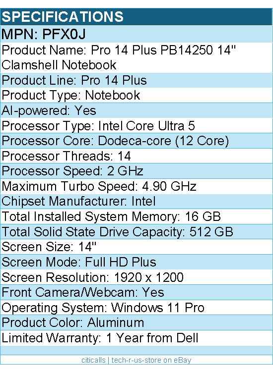 Dell PFX0J Pro 14 Plus PB14250 14″ Clamshell Notebook – Intel Core Ultra 5