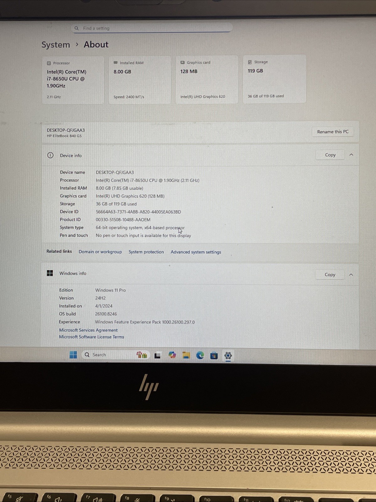 HP EliteBook 840 G5 i7-8650U@1.90GHZ 8GB RAM 128GB NVMe WIN 11 Pro