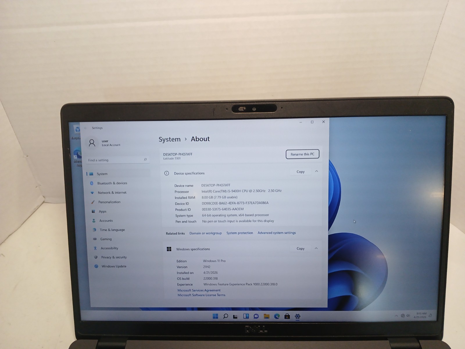 Dell Latitude 5401 Laptop i5-9400H 2.5GHz 8GB RAM 256GB SSD Win11 NO BATTERY #97
