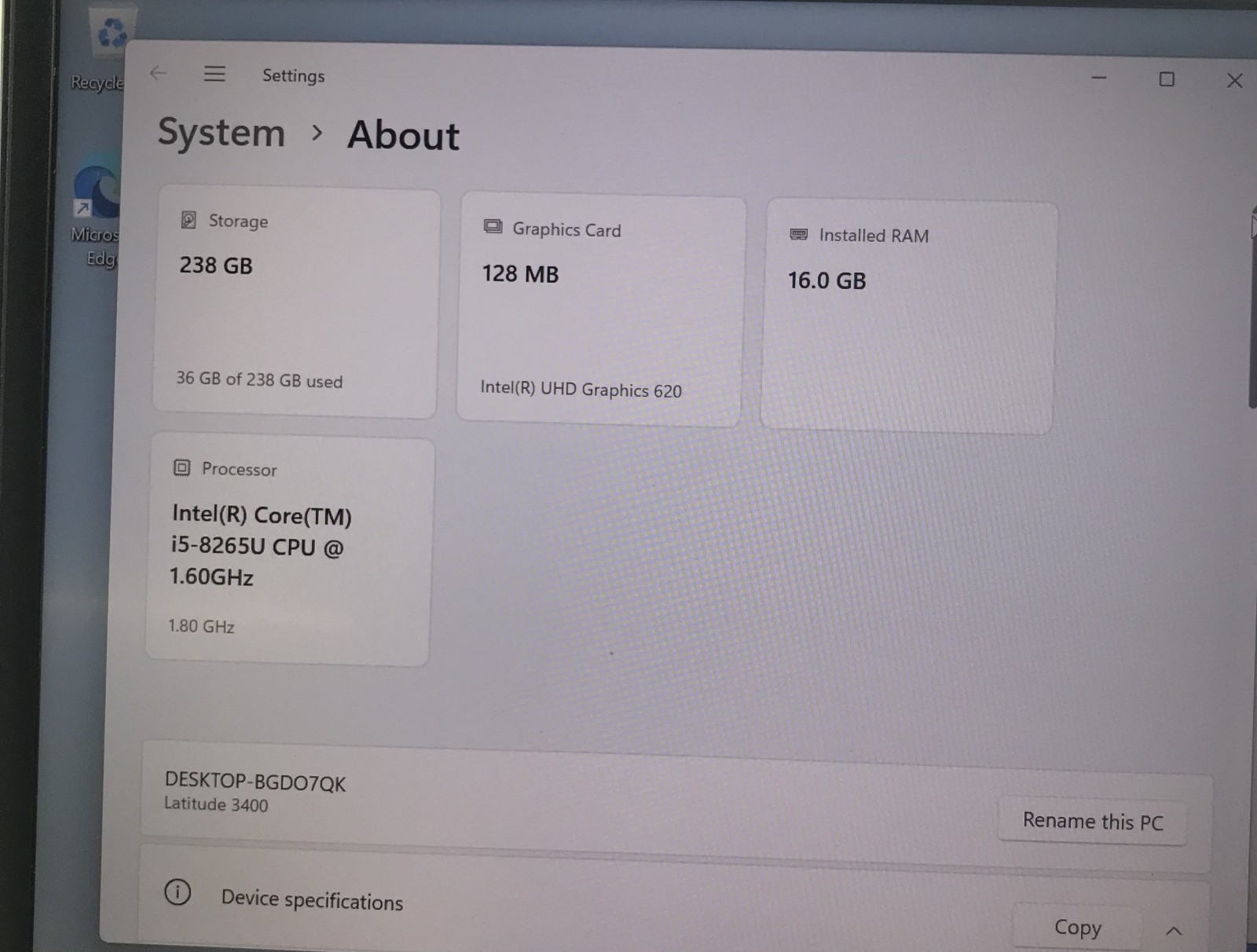 DELL LATITUDE 3400 i5-8265U@1.60GHz 16GB RAM 256GB NVMe W11P *READ
