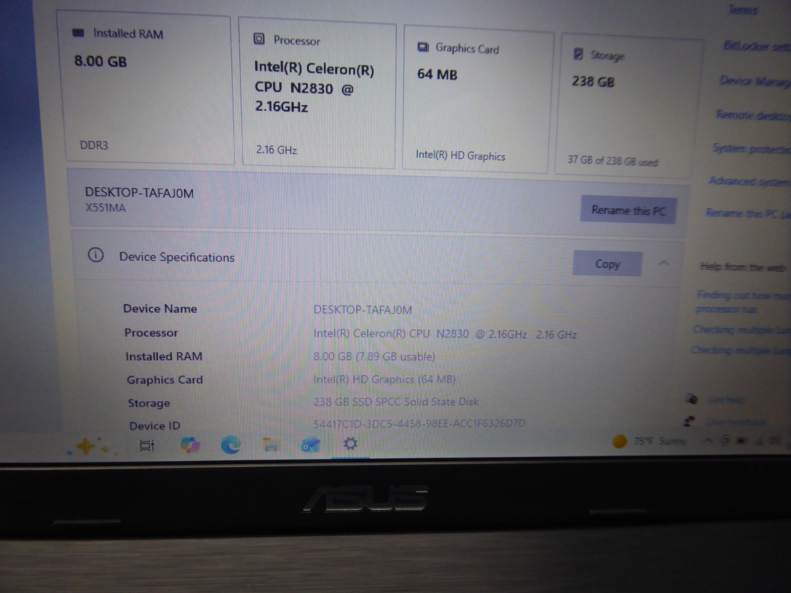 ASUS ASUSTEK X551M 15″ INTEL CELERON N2830 2.16GHz 8GB 256GB SSD WINDOWS 10 HOME