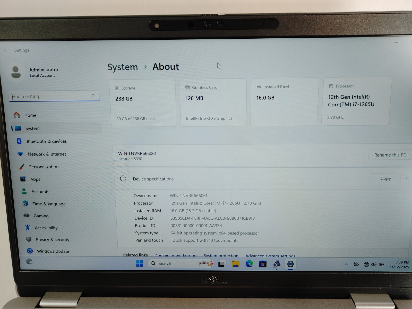 Dell Latitude 5330 Core i7-1265U 1.80 GHz 16 GB 256 GB NVMe Windows 11 Pro