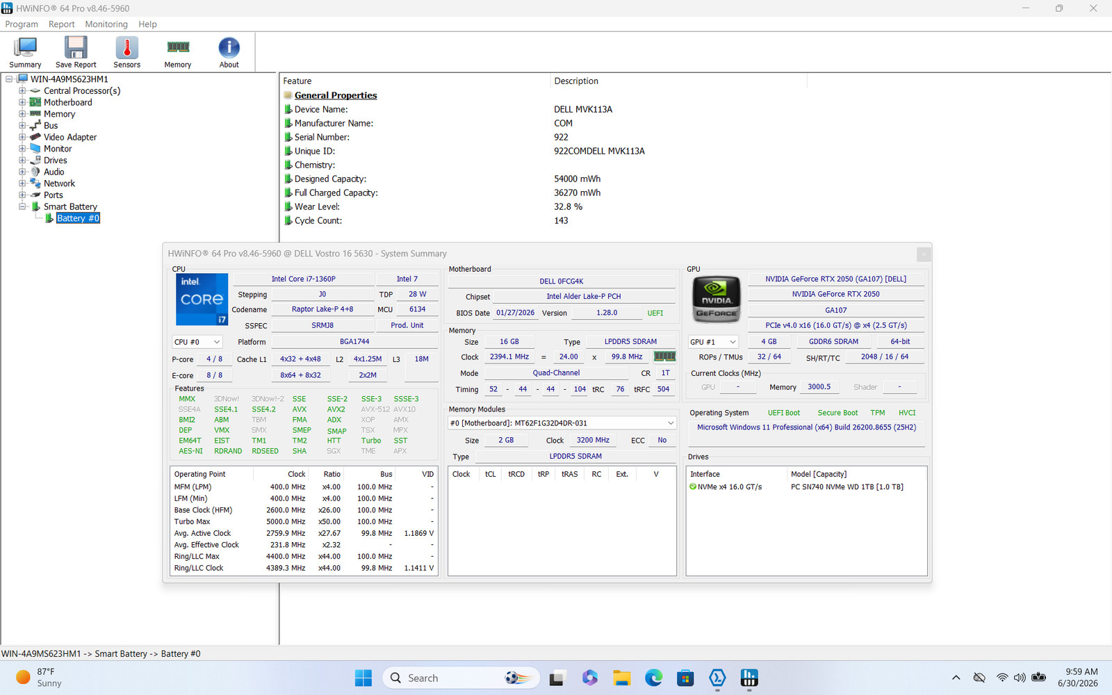 Dell Vostro 16 5630 16″ FHD+ 13TH I7-1360P 1TB SSD 16GB W11P GeForce RTX 2050