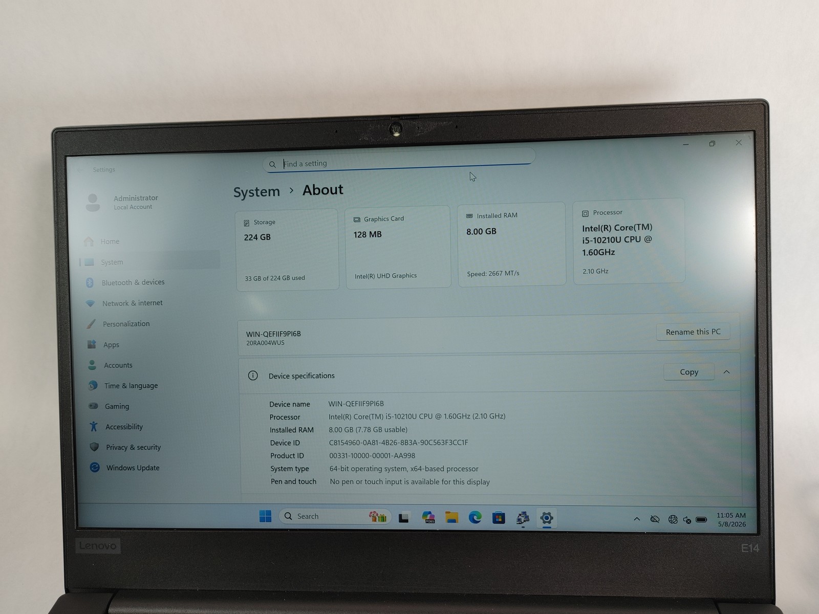 Lenovo ThinkPad E14 Gen 1 Core i5-10210U 1.60 GHz 8 GB DDR4 240 GB M.2 Windows