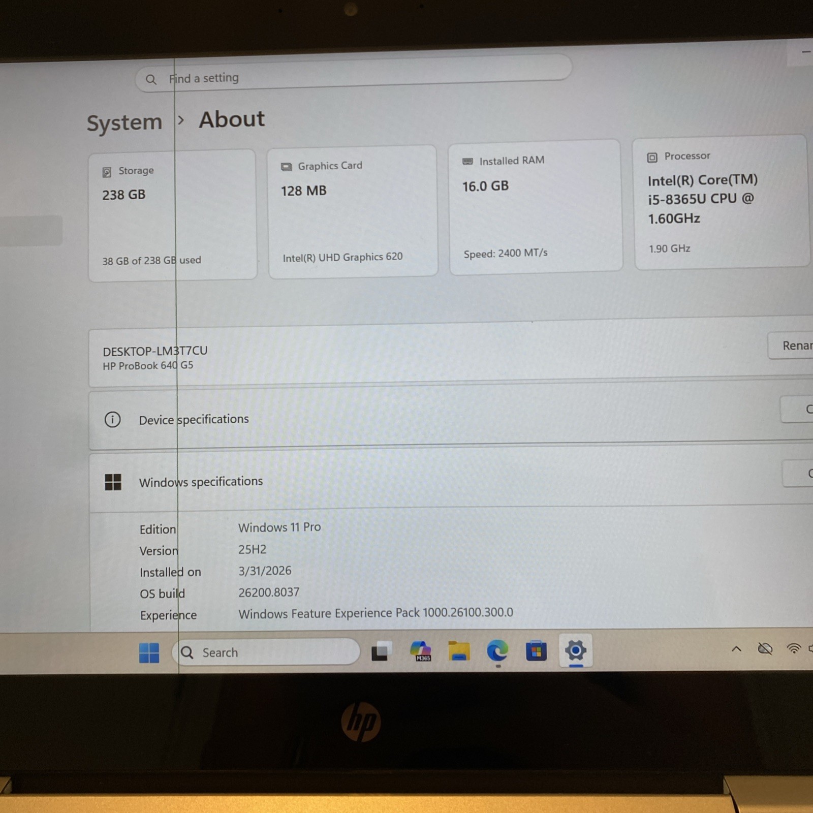 HP PROBOOK 640 G5 14″ Laptop i5-8365U 1.60Ghz 16GB 256GB SSD W11P TOUCH – READ