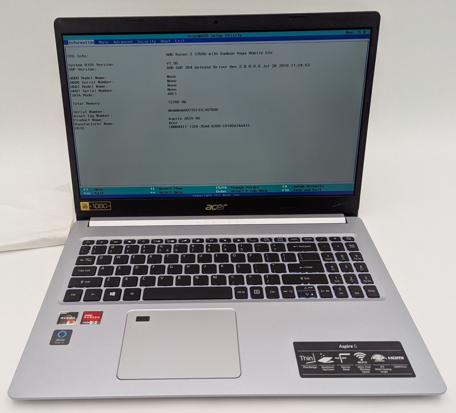 Incomplete Acer Aspire A515-46-R3UB 15.6″ Laptop Ryzen 3 3350U 2.10GHz 12GB RAM