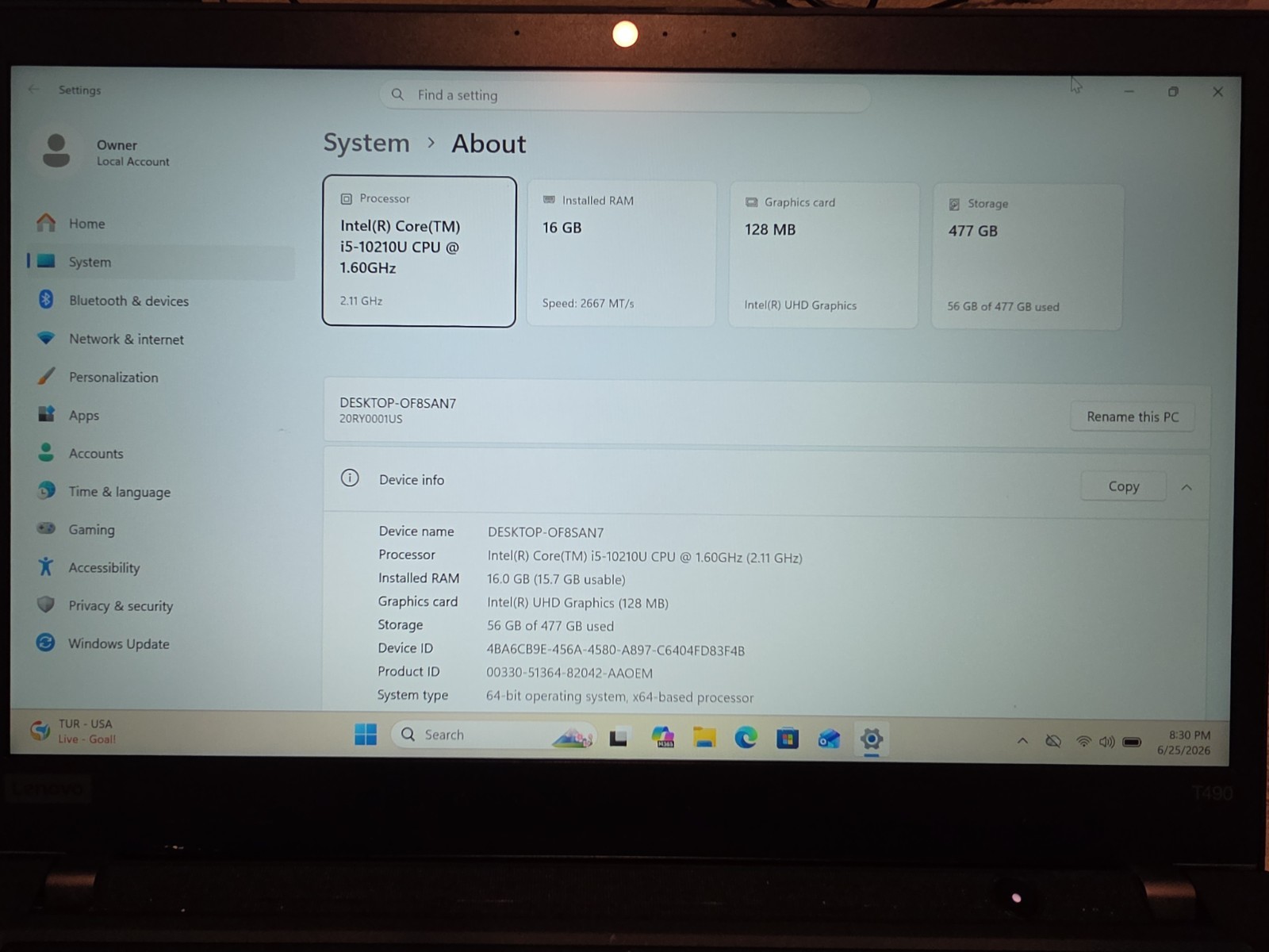 Lenovo ThinkPad T490 i5 10210u 16GB 512GB Win 11 Pro 14″ Laptop Notebook Inc AC
