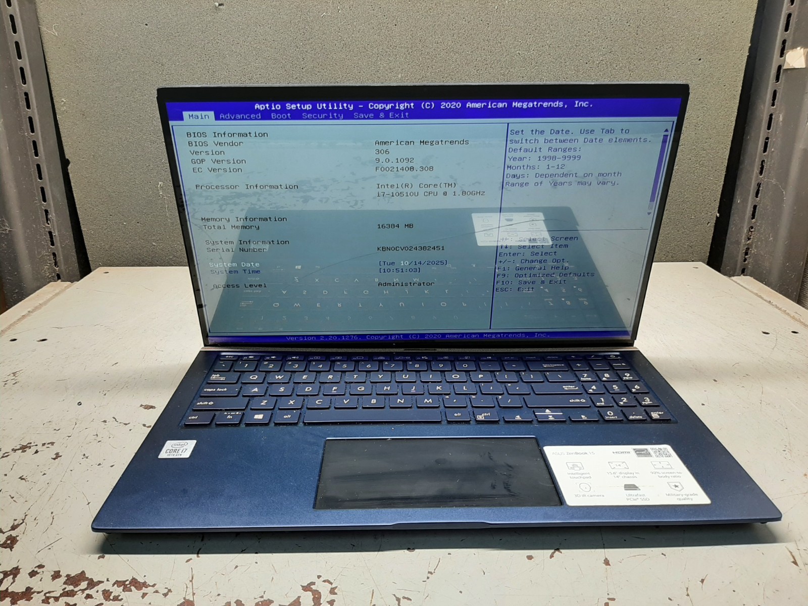 Asus ZenBook 15 15.6″ i7-10510u 16GB RAM No SSD No Battery – FOR PARTS