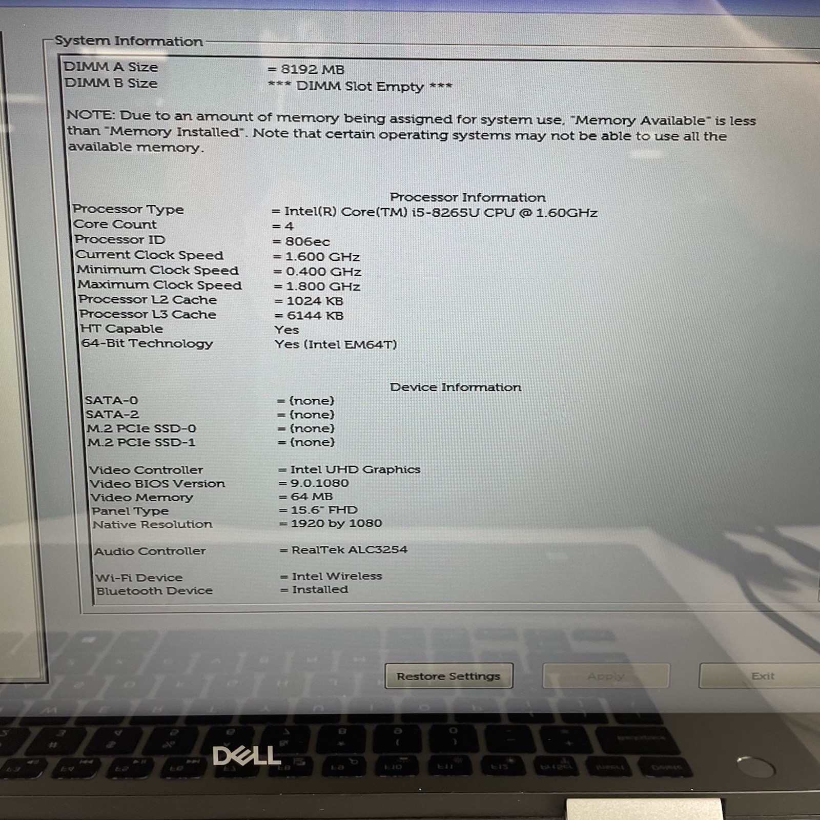 Dell Inspiron 7586 15.6″ i5-8265U 1.60 GHz 8 GB RAM No SSD/OS/AC/Batt