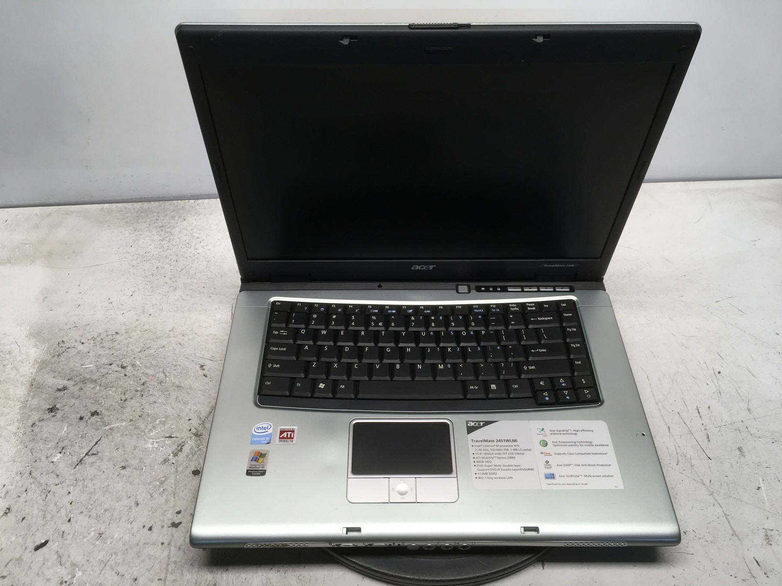 Acer TravelMate 2450 Intel Celeron M 410 1.46GHz 1470 MB NO HDD No Batt