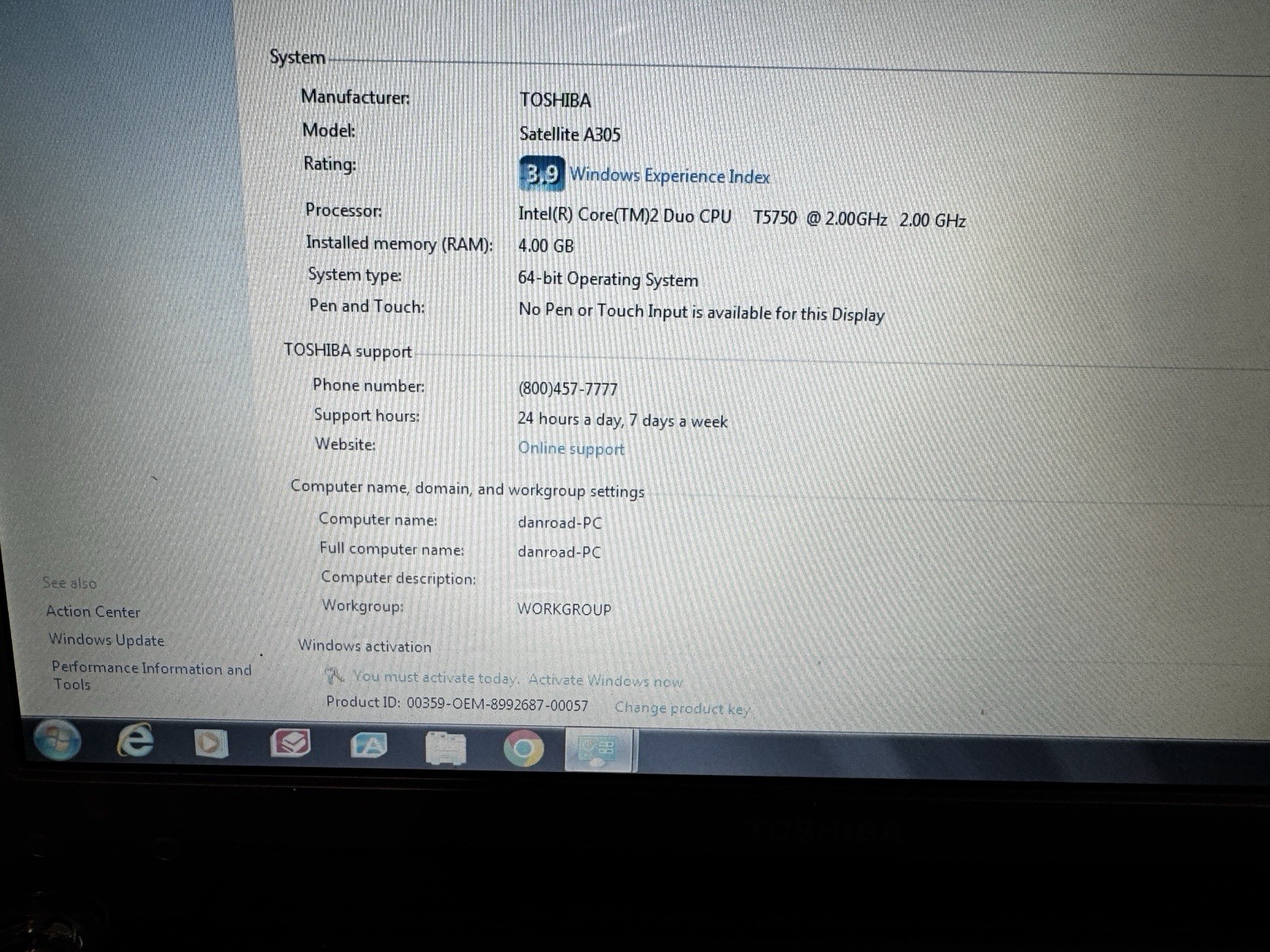 Toshiba Satellite A305-S6861 PSA-G4U-03M00P Core 2 Duo 4GB 300GB Win 7 PREM Copy